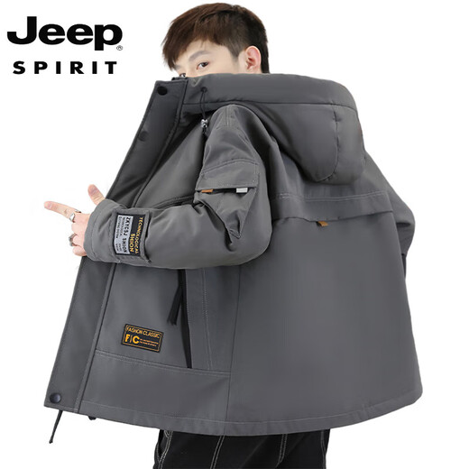 JEEP SPIRIT work jacket men's autumn and winter velvet thickened hooded jacket men's high-end cotton clothing outdoor jacket MY216 dark gray cotton L (about 110-130 Jin Jin equals 0.5 kg can be worn)