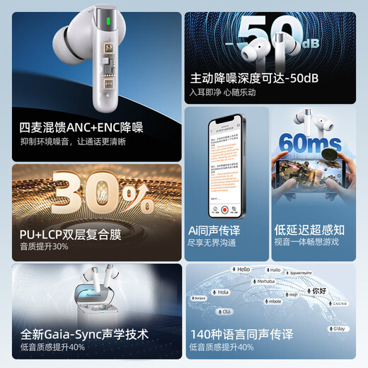 Newmine ANC01 Bluetooth Headset True Wireless In-Ear Active Noise Cancellation Translation Headset Call Noise Cancellation Game Low Latency Suitable for Apple Android Black Jade