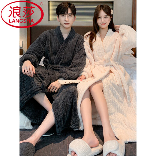 LangSha (LangSha) Nightgown Women's 2025 New Couple's Nightgown Thick Extra Long Flannel Bathrobe Coral Velvet Nightgown Men's Bathrobe Home Clothing Women's M