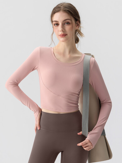 Yoga wear for women 2025 autumn and winter new round neck sports top running Pilates training fitness set rose pink top + khaki yoga pants + coffee socks XL recommended weight 115-130Jin Jin equals 0.5 kg One size fits all