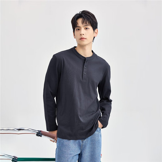 Giordano Henry shirt men's autumn and winter new pure cotton solid color bottoming shirt Henry collar long-sleeved T-shirt men 13025615
