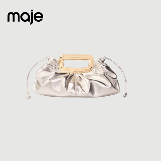 Maje2025 Spring and Summer Women's French Fashion Silver Sheep Leather Removable Shoulder Strap Drawstring Back Handbag Clutch Silver TU