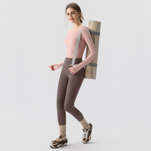 Yoga wear for women 2025 autumn and winter new round neck sports top running Pilates training fitness set rose pink top + khaki yoga pants + coffee socks XL recommended weight 115-130Jin Jin equals 0.5 kg One size fits all