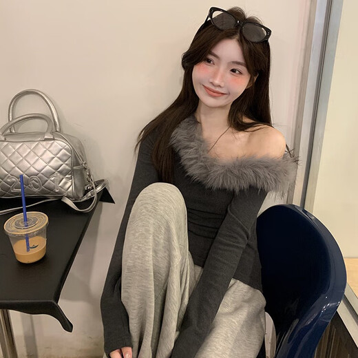 Junyao gray tight-fitting sexy bottoming shirt for women to wear inside and outside for autumn and winter new style high-end one-shoulder pure desire top Gray off-shoulder oblique shoulder fur edge slim pure desire bottoming shirt L Recommended 80-118Jin Jin is equal to 0.5 kg