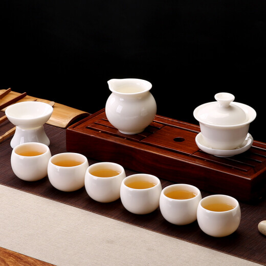 MULTIPOTENT Kung Fu Tea Set Chinese White Porcelain Handmade Suet Jade Arhat Cup Set (9 pieces) Exquisite Gift Box