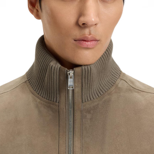 BOSS zipper pocket stand collar long sleeve leather jacket for men brown S