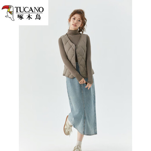 Woodpecker Autumn and Winter Down Cotton Vest Women's 2025 New Velvet Warm Vest Short Round Neck Vest Slim Fit Versatile Liner 8021 Ocean Blue Velvet XL (110Jin Jin is equal to 0.5 kg)