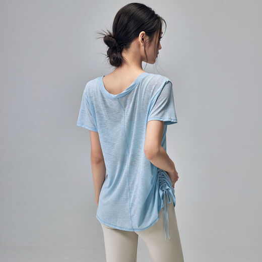 Fitness girl summer thin yoga wear short-sleeved loose slimming Pilates training blouse quick-drying sports upper blue S S