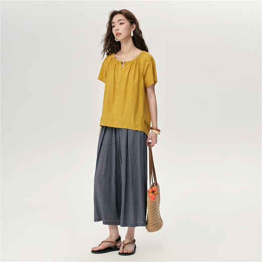 Giordano designer loose shirt women's summer pure cotton hollow beaded round neck short-sleeved shirt 18345817