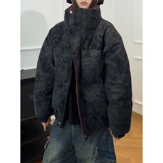 NYING matte pu leather cotton jacket men's winter new trendy brand contrasting color stand-up collar thickened warm cotton jacket loose cotton jacket gray L (120-140Jin Jin equals 0.5 kg)