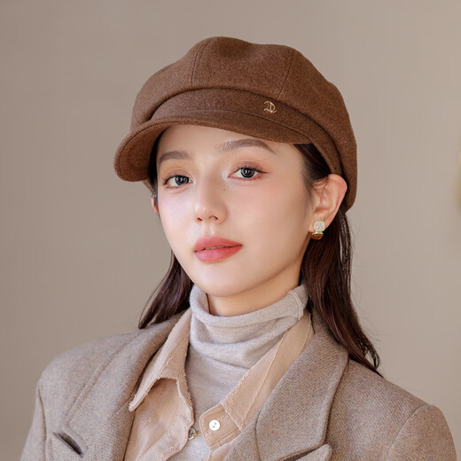 Zhenxiang Hat Women's Autumn and Winter Korean Style Octagonal Hat Fashionable Beret Shows Your Face, Small and Keeps Warmth Coffee Color One Size B701