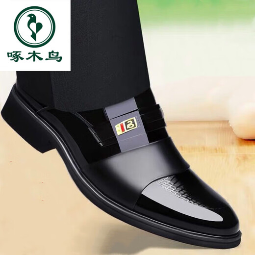 Woodpecker brand men's shoes autumn new business formal wear men's leather shoes casual slip-ons in-foot heightening leather shoes men's genuine leather 6222 black 41
