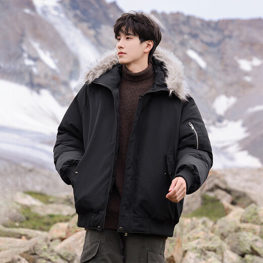 VUUG Outdoor Functional Wind Cotton Jacket Men's Solid Color Versatile Fur Collar Coldproof Korean Style Fashion Cotton Jacket Black S