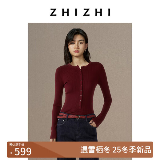 ZHIZHI New Water Order Versatile Wool Henley Collar Retro Slim Knitted Top 25 Winter New Style Cherry Red Paint Color S