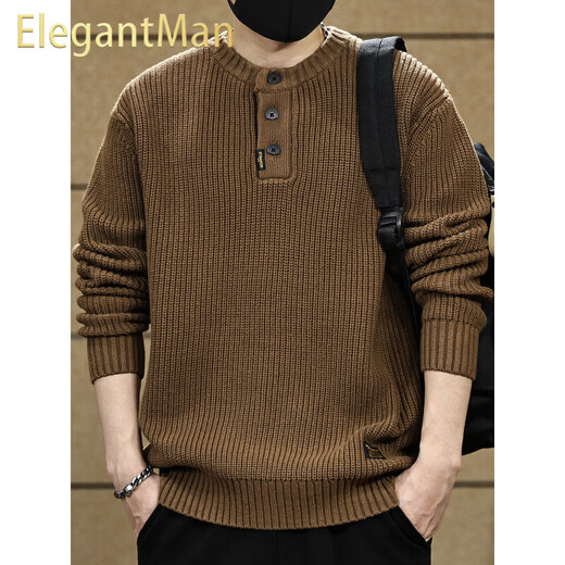 ElegantMan American retro Henry collar sweater for men in autumn and winter thickened loose lazy style vertical striped pullover sweater jacket Khaki S _ Suitable for 90-110Jin Jin equals 0.5 kg