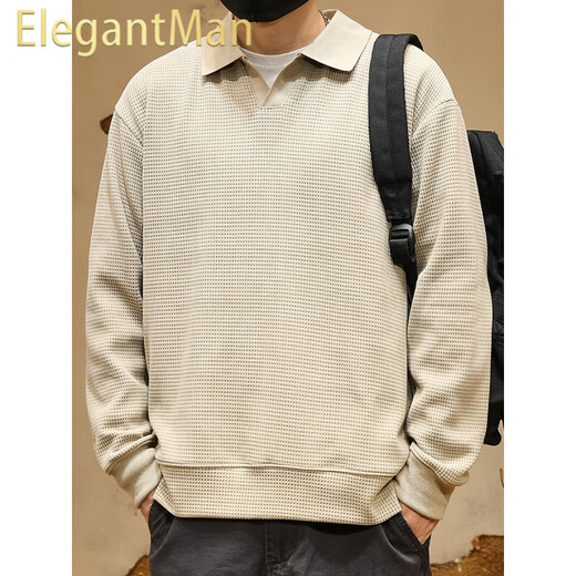ElegantMan American retro heavyweight waffle POLO shirt men's long-sleeved winter loose Henry shirt tough guy handsome V-neck sweatshirt gray apricot M _ -130Jin Jin equals 0.5 kg