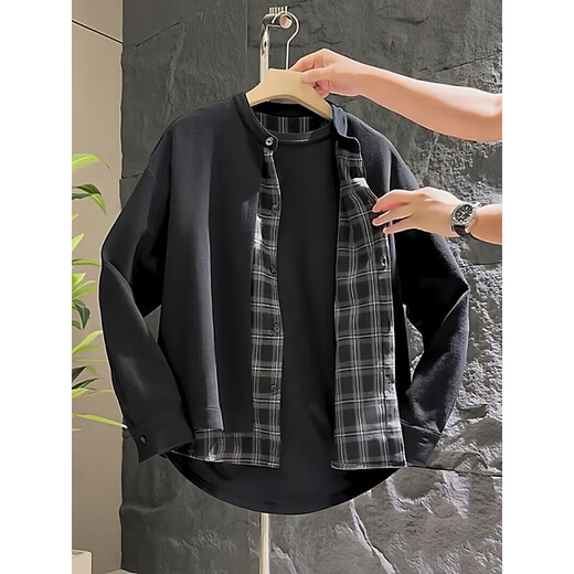 Xiaohongshu Autumn New Simple Fake Two Piece Henley Collar Cardigan Sweater Men's Trendy Loose and Versatile Black M 100-120Jin Jin is equal to 0.5kg