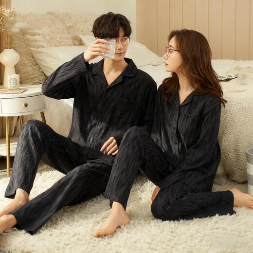 Bo Na Ling Pajamas Couple One Male One Female Cardigan Long Sleeve Tree Pattern Men and Women Can Wear Out Printed Pocket Pajamas Home Clothes Set Couple Pajamas Black Stripes Men's XL