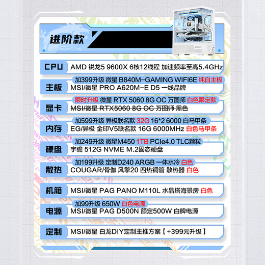 MSI AMD Ryzen R5 5600/R7 5700X/9500F/5060/5070TI office computer AI host e-sports game desktop complete machine DIY assembly computer 9600X+RTX5060丨Advanced model