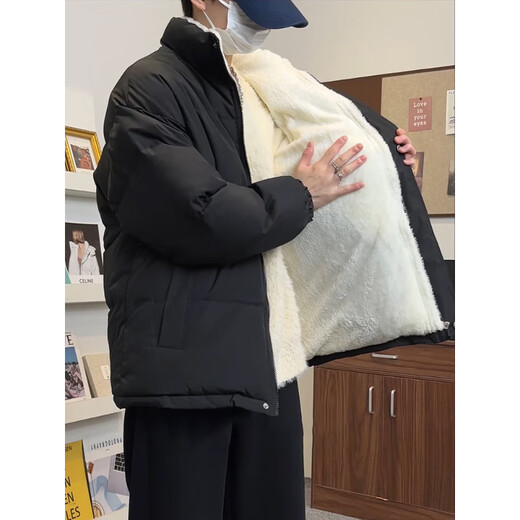 She Manlai Black American Down Jacket Men's Winter Thickened Stand-up Collar Cotton Jacket Lined with Velvet Lambswool Jacket Bread Jacket Black XL