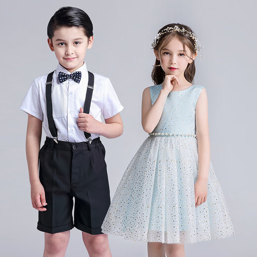 Kaqinini Children's Performance Chorus Costumes for Primary and Secondary School Girls Dance Skirt for Men 2607 - White Clothes, Black Pants, Suspenders, Blue Bow Tie, 110 cm