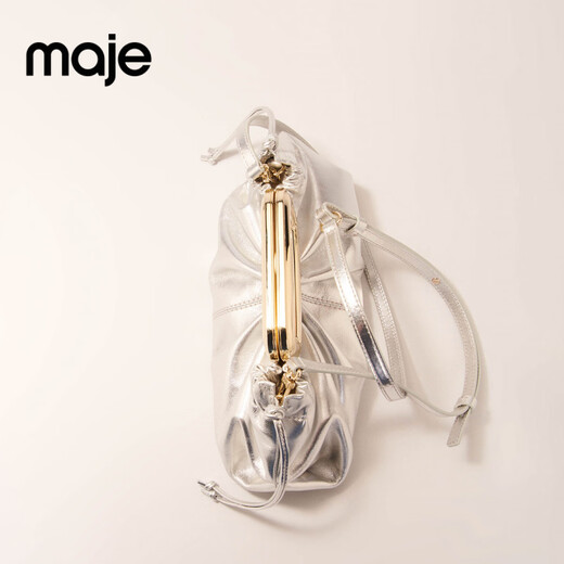 Maje2025 Spring and Summer Women's French Fashion Silver Sheep Leather Removable Shoulder Strap Drawstring Back Handbag Clutch Silver TU