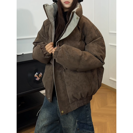 NYING matte pu leather cotton jacket men's winter new trendy brand contrasting color stand-up collar thickened warm cotton jacket loose cotton jacket gray L (120-140Jin Jin equals 0.5 kg)