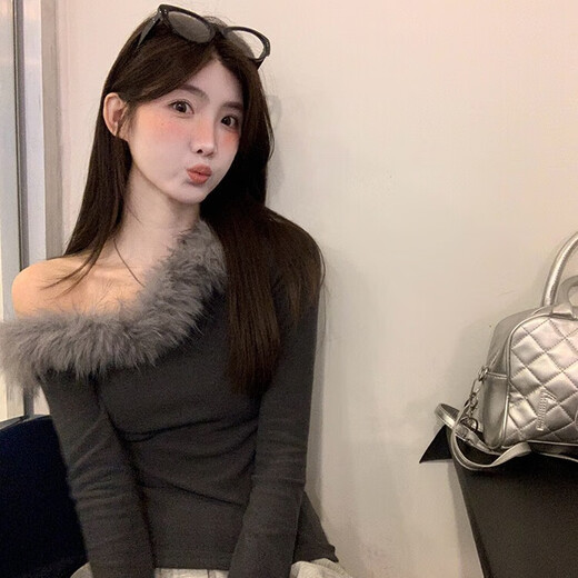 Junyao gray tight-fitting sexy bottoming shirt for women to wear inside and outside for autumn and winter new style high-end one-shoulder pure desire top Gray off-shoulder oblique shoulder fur edge slim pure desire bottoming shirt L Recommended 80-118Jin Jin is equal to 0.5 kg