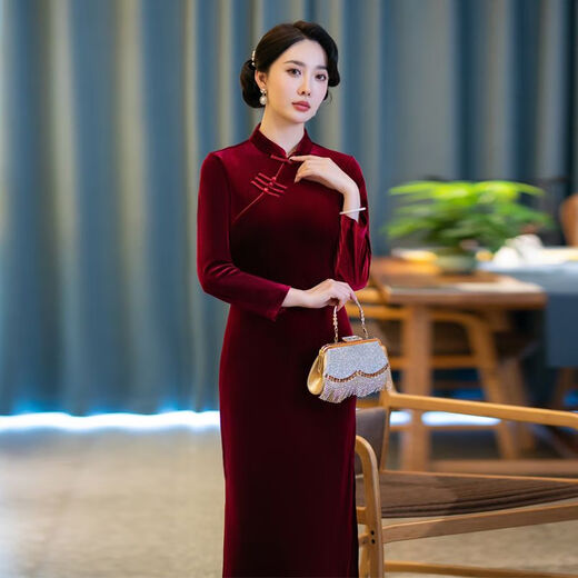 Pierre Cardin autumn and winter new velvet plus velvet cheongsam for women Chinese style retro slim slim long cheongsam dress for women black plus velvet thickened XL recommended 110-120Jin Jin equals 0.5 kg