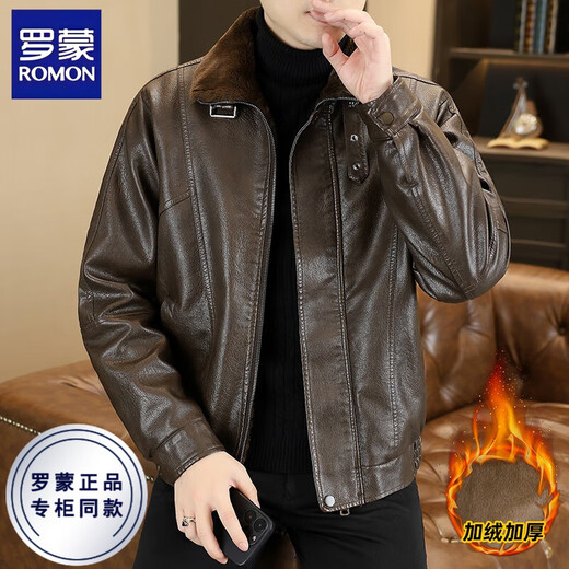 ROMON leather jacket men's winter fur integrated velvet thickened warm and cold-proof fashion versatile motorcycle jacket for men black XL recommended 110-130Jin Jin equals 0.5 kg