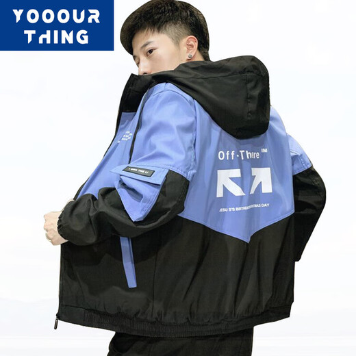 YOOOURTHING jacket men's spring, autumn and winter velvet thickened hooded Korean style trendy youth color matching casual tops light blue regular XL (recommended 110-135 Jin Jin equals 0.5 kg)