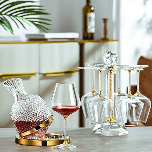 HKML high-end Burgundy red wine glass set rotating decanter home diamond wine glass gift set cup holder white diamond cup holder + 6 550ml white diamond wine glasses + silver decanter