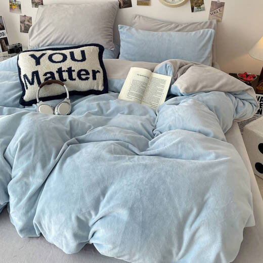 Fantasy winter coral milk velvet duvet cover single piece double-sided thickened flannel duvet cover winter dormitory single plush quilt baby blue + light gray double-sided warm velvet delicate and warm 180x220cm milk velvet duvet cover single piece