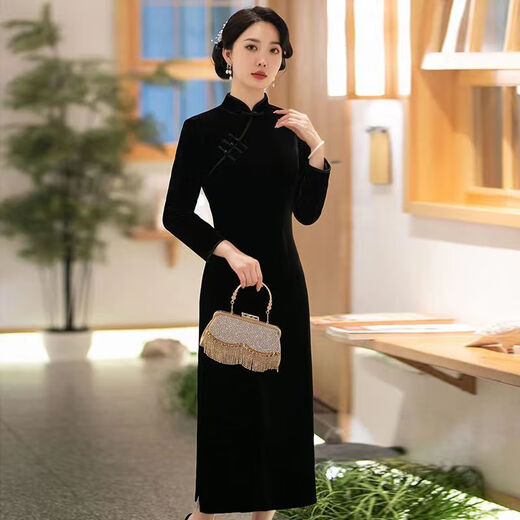 Pierre Cardin autumn and winter new velvet plus velvet cheongsam for women Chinese style retro slim slim long cheongsam dress for women black plus velvet thickened XL recommended 110-120Jin Jin equals 0.5 kg
