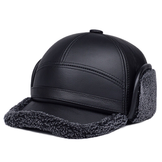 Hengyuanxiang winter genuine leather hat for middle-aged and elderly men's cowhide peaked cap to keep warm and ear-protective baseball cap for the elderly cotton hat grandpa A style black L (55-56cm) small head circumference