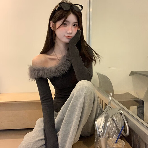 Junyao gray tight-fitting sexy bottoming shirt for women to wear inside and outside for autumn and winter new style high-end one-shoulder pure desire top Gray off-shoulder oblique shoulder fur edge slim pure desire bottoming shirt L Recommended 80-118Jin Jin is equal to 0.5 kg
