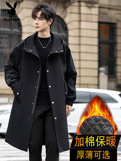 Playboy (PLAYBOY) 2025 new mid-length windbreaker men's autumn and winter over-the-knee cape coat Korean style trendy handsome thickened coat 1903 black M 110-130Jin Jin equals 0.5 kg