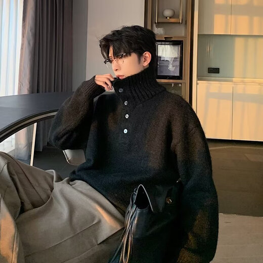 Men's Sweater Henley Collar Buttoned Knit Sweater Men's Turtleneck Warm Fall and Winter Outerwear Loose Lazy Style Black M