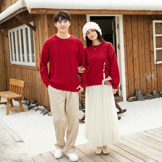 Little Bear Elf (xiaoxiongjingling) parent-child outfit family portrait red national style sweater mother and daughter autumn and winter New Year clothes street sweater father and son twist top men's twist sweater/women's bow sweater 130 boys size 130 (recommended weight 45-55 Jin Jin equals 0.5 kg)
