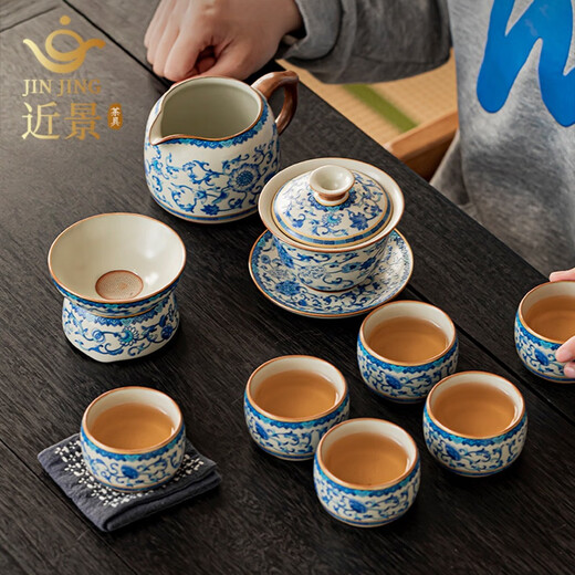 Close-up view of light luxury tea set for home Ru Kiln blue and white porcelain 2025 new high-end teapot and tea cup complete set housewarming gift Ru Kiln flowery stone ladle pot set gift box 10 pieces