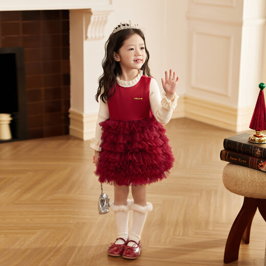 LUSON Little O Bao Children's Clothing Baby New Year Red Puff Skirt Women 2026 Girls New Year Velvet New Year Vest Princess Dress