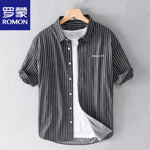Romon men's striped shirt short-sleeved loose summer thin Japanese casual all-match shirt summer clothes 9740 blue XL