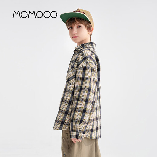 Mami Maka (MOMOCO) children's clothing boys' shirts 2025 winter fashion plaid shirt for middle and large children, navy plaid 120