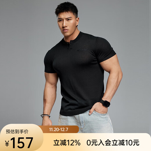 MUSCLE DOG Muscle Dog Lyocell breathable short-sleeved T-shirt men's summer slim cuffs miniature Henley shirt training fitness top black S