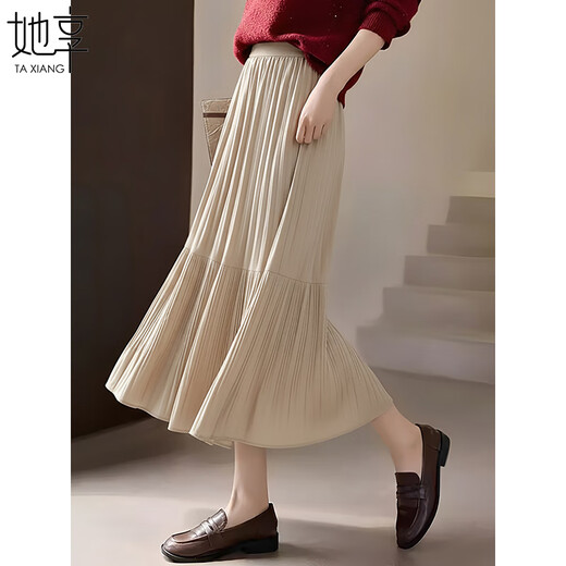 She Enjoys Skirt Women's Elastic Waist Splicing Design Pleated Skirt Fashionable Slimming Midi Skirt T13KB2249