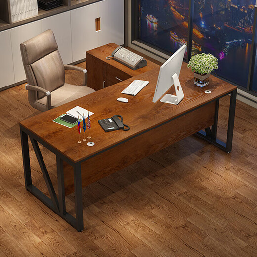 Desk simple modern boss desk and chair combination atmospheric manager desk steel and wood executive desk office furniture black frame + golden oak color 2.0m single table (desktop 2.0*0.8m)