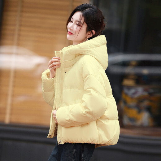 LISM shopping mall same style high-end down jacket down jacket women's super popular small fashion white duck down hooded short yellow M recommended 120-138 Jin Jin equals 0.5 kg