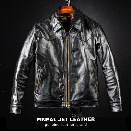 PJL new men's classic fashion casual simple Ami khaki retro new lapel horsehide leather jacket tea core black XL (170Jin Jin is equal to less than 0.5kg)