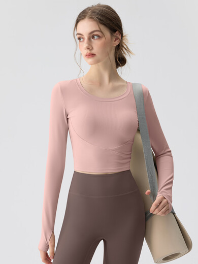 Yoga wear for women 2025 autumn and winter new round neck sports top running Pilates training fitness set rose pink top + khaki yoga pants + coffee socks XL recommended weight 115-130Jin Jin equals 0.5 kg One size fits all