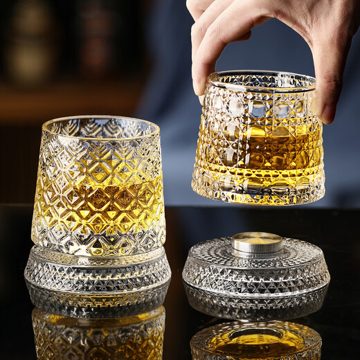 Bedojia crystal bottom rotating whiskey glass, high-end tumbler beer glass, home supplies, office high-end wineware, planet rotating cup with luminous coaster